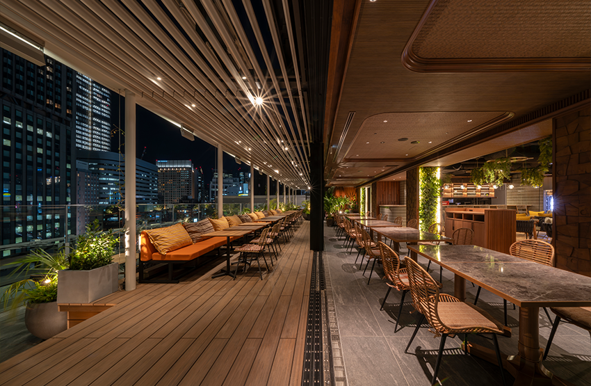 Rooftop restaurant with night view