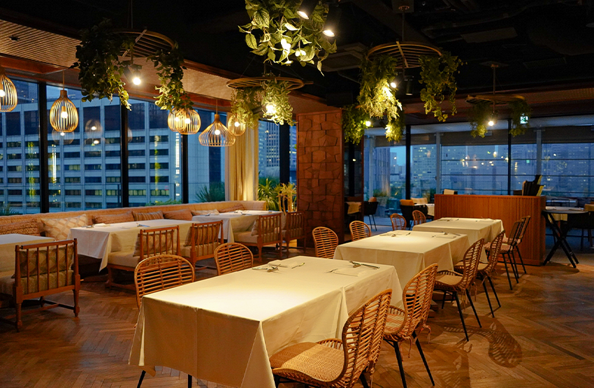 Rooftop restaurant with night view