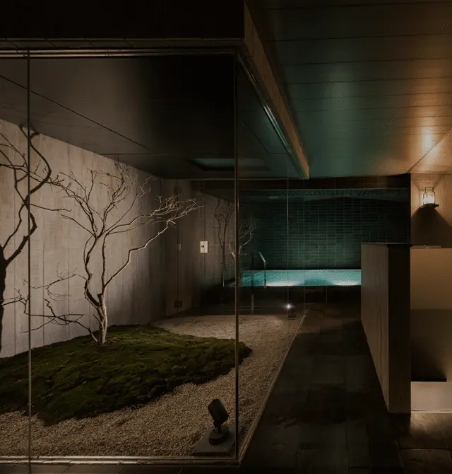 A large bath located underground with a view of the courtyard
