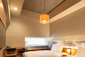 Spacious guest room with high ceilings